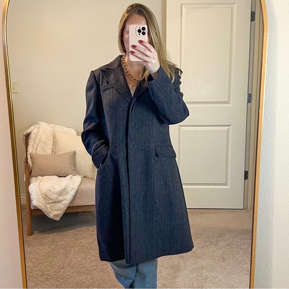 Vera Wang Wool Blend Long Coat, size XL, Navy Blue & Tan pattern